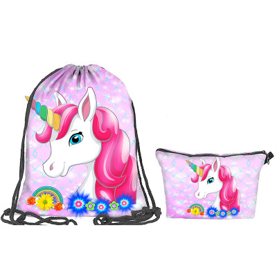 2021 New Drawstring Bag Set Unicorn Shopping 3D Printing Drawstring Backpack Cross-Border Backpack Bag Customization