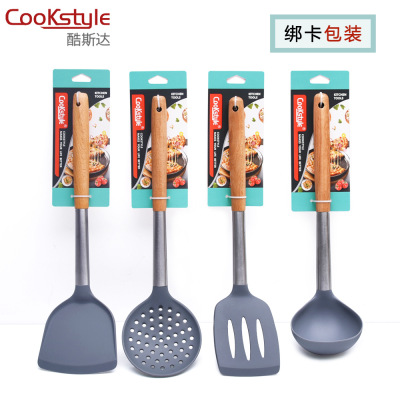 Manufacturers Supply Stainless Steel Handle Silicone Kitchenware Non-Stick Pan with Cooking Spoon and Shovel Wooden Handle Silicone Pan Spatula Set