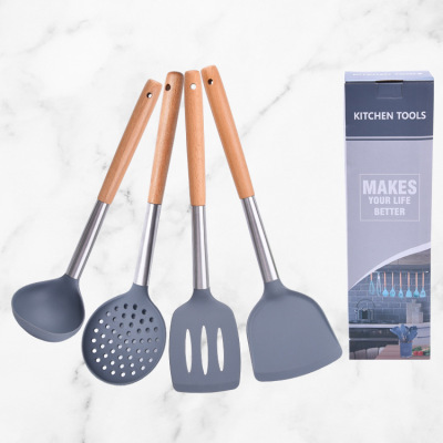 Non-Stick Pan Special High Temperature Resistant Cooking Spoon and Shovel Soup Spoon Kitchen Utensils Silicone Stainless Steel Kitchenware Spatula
