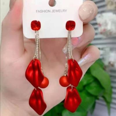 [Real Gold Plating] S925 Korean Fairy Temperamental Red Petal Fringed Earrings Internet Celebrity Slimming Ear Rings Women