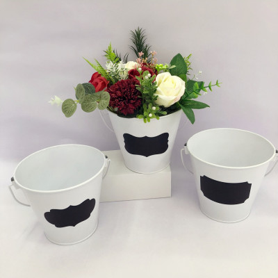 Factory Supply White Blackboard with Handle Iron Bucket Flower Pot Creative Storage Bin Writable
