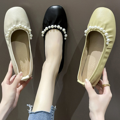 Korean Style Soft Bottom Pearl Shoes Women's 2021 Summer New Shoes Versatile Women's Flat Shoes Slip-on Casual Shoes Fashion
