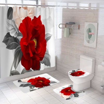 Amazon Flower 3D Digital Printing Home Bathroom Decoration Shower Curtain Floor Mat Toilet Cover Decorative Mat Carpet