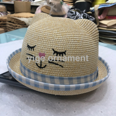 Children's Kitten Embroidery Plaid Decoration Summer Straw Hat European and American Fashion High Quality Children Hat