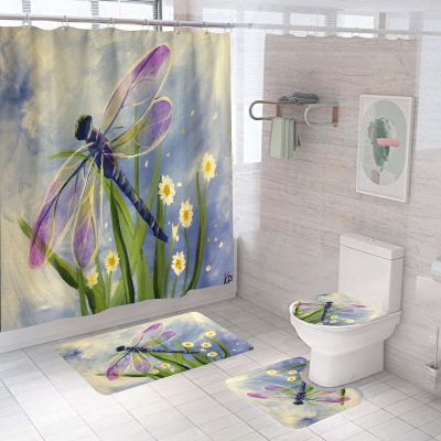 Cross-Border Supply 3D Digital Printing Purple Dragonfly Animal Series Shower Curtain Waterproof Shower Curtain Polyester Four-Piece Suit Pack