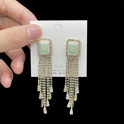 Earrings European and American Exaggerated Diamond-Studded Tassel Earrings Earrings Retro Fashion Square Gold Auricular Needle