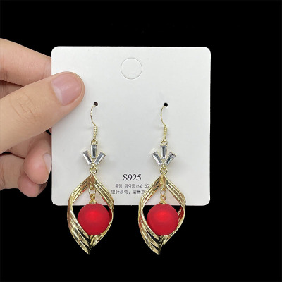 Ear Hook Personalized Frosted Pearl Earrings Women's Fashion Long Temperament Elegant Eardrops Red Earrings