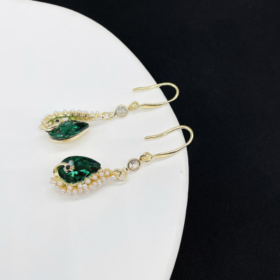 Shiny Diamond Green Treasure Zircon Water Drop Earrings Women's Popular Graceful Online Influencer Super Fairy Fashion Earrings