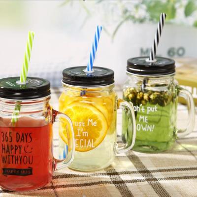 Glass with Lid Letter Handle Cup Transparent Mason Beverage Bottle Printing Straw Glass Mug Handle