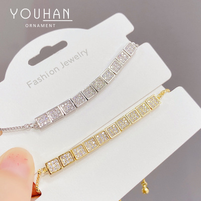 Cross-Border Supply European and American Fashion Square Pull Bracelet Female Micro Inlaid Zircon Personalized Bracelet Adjustable Hand Jewelry