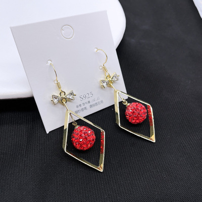 Korean-Style Personalized Diamond-Shaped Super Flash Red Ball Earrings Elegant Trendy Earrings Fashionable All-Match to Make round Face Thin-Looked Earrings
