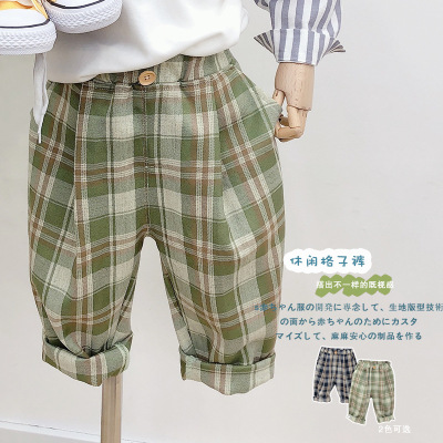 Fashion Brand Casual Loose Children's Boys' Pants 2021 Spring and Summer New Korean Children's Clothing Plaid Baby Anti-Mosquito Pants Thin