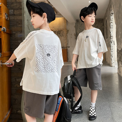 Woven Children's Clothing Boys Summer Suit 2021 New Medium and Large Children's Fashion Brand Sports Two-Piece Set Children's Short-Sleeved Suit