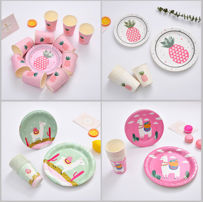 Creative Birthday Party Dinner Plate Alpaca Pineapple Disposable Paper Cup Paper Pallet Set Party Supplies