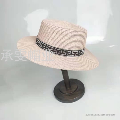 Rhinestone Flat Straw Hat M Standard Hat Female Beach Trip Hat Fashion Wide Brim Korean Style Versatile Sun Protection Sequined Straw Hat
