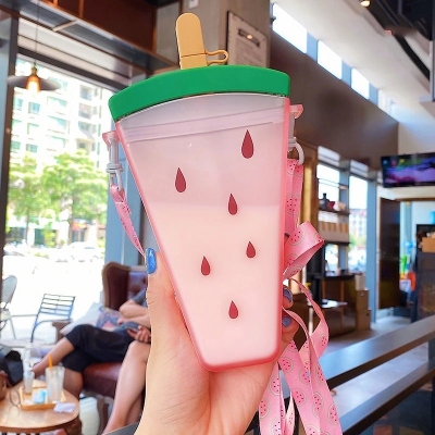 Summer Simplicity Korean Creative Water Cup Silicone Watermelon Strap Straw Cold Drink Plastic Water Cup Student Primary School Girls