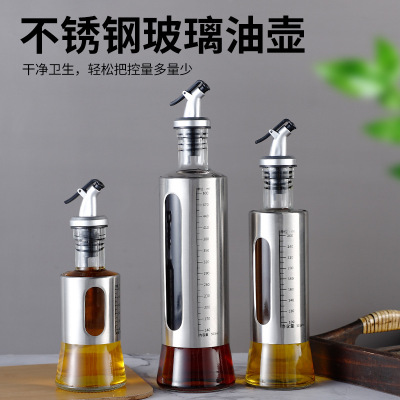 Spot Stainless Steel Glass Press Type with Scale Oil Bottle Kitchen Bottles for Soy Sauce and Vinegar Seasoning Oiler Cooking Wine Bottle