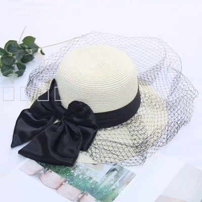 Straw Hat Women's Summer Black Mesh Face Cover Sun-Proof Sun Hat Hepburn Style Top Hat Casual Seaside Beach Sun Hat