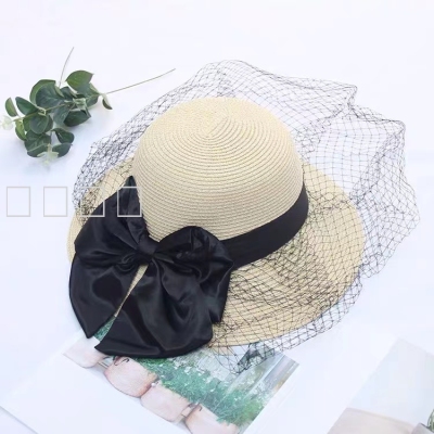 Straw Hat Women's Summer Black Mesh Face Cover Sun-Proof Sun Hat Hepburn Style Top Hat Casual Seaside Beach Sun Hat