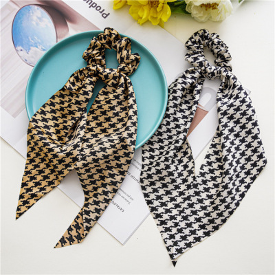 Summer New Women's Large Intestine Hair Ring Satin Houndstooth Square Scarf Knot Ribbon Hair Rope Bun Ornament