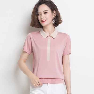 Small Peter Pan Collar Short Sleeve T-shirt Women's Clothing 2021new Trendy Summer Dress Slimming Western Style Ice Silk Knitted Top