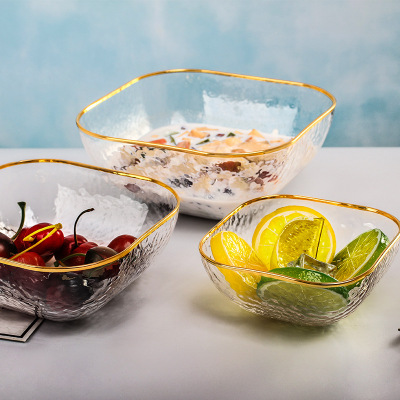 INS Nordic Internet Celebrity Kitchen Tableware Hammered Pattern Golden Trim Glass Bowl Dessert Bowl Square Fruit Vegetable Salad Bowl