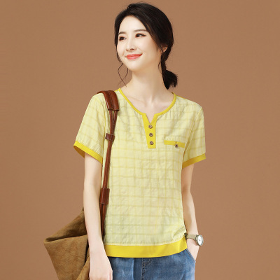 round Neck Short Sleeve Plaid T-shirt Design Women's Clothing 2021 New Loose Slimming Casual Trendy T-shirt Kn3541
