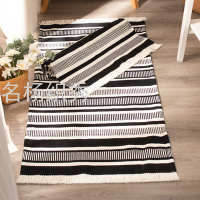 Cotton Braided Light And Shadow Multi-Vertical Cotton Yarn-Dyed Silk Floor Mat Black And White Simple Color Matching Household Bedroom Carpet