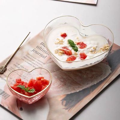 Japanese Style Creative Heart Salad Bowl Ins Style Fruit Salad Bowl Heart-Shaped Bowl Crystal Glass Bowl Color Dessert Bowl