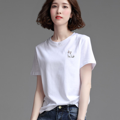 Women's round Neck Short-Sleeved T-shirt Loose Ins Trendy 2021 Summer New Korean Style All-Match White T-shirt Mercerized Cotton Top