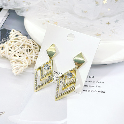 Diamond-Embedded Geometric Diamond Crystal Earrings Women's Fashion Graceful Personality Eardrop Earring