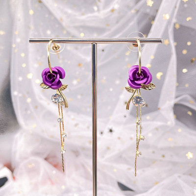 Sterling Silver Needle Fashion Trendy Grace Red Rose Earrings Elegant Flowers Leaf Earrings Wholesale