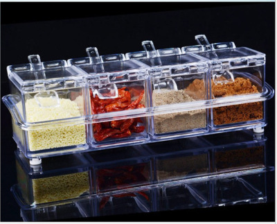 Four Grid Kitchen Spice Box Set Crystal Transparent Seasoning Containers Salt and Sugar Creative Condiment Dispenser Crtstal with Spoon