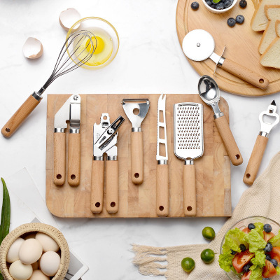 Kitchen Gadgets with Wooden Handle Toy Coyer Kit Baking Suit Pizza Cheese Knife Stainless Steel Eggbeater