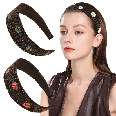 Cross-Border Hair Accessories European and American Elegant Beaded Bead Black with White Dots Headband Full Diamond Amazon Pearl Headband Headband