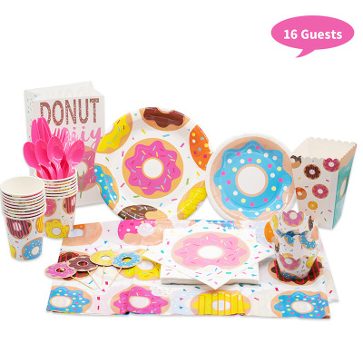 Donut Birthday Set Disposable Tableware Paper Pallet Paper Cup Gift Bag Knife and Fork Baby Girl Party Supplies