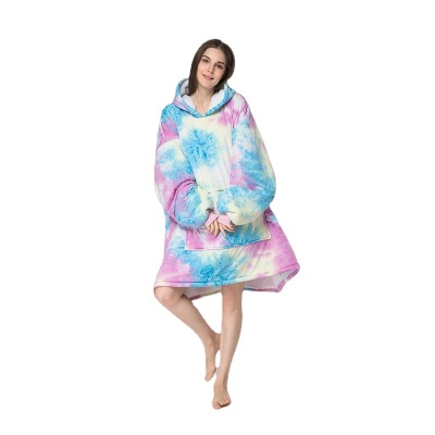 Cross-Border Flannel Tie-Dyed Printed Couple Thickened Long Sleeve Collarless Home Wear Hoodie Comfortable Night-Robe Pajamas