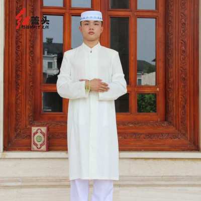 Woven Cotton Embroidered Stand Collar Thin Mid-Length Cardigan Muslim Men's Robe Clothes for Worship Service Wholesale/Delivery