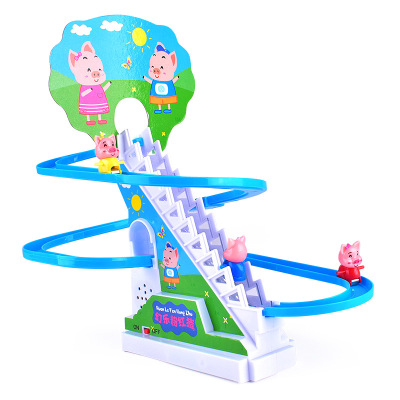 Tiktok Same Style Hot Selling Pig Climbing Stairs Music Luminous Slide Electric Track Children Stall Toys Wholesale