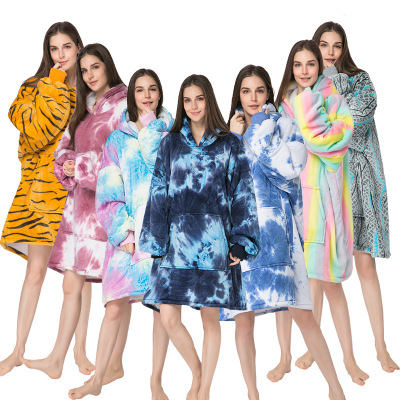 Cross-Border Flannel Tie-Dyed Printed Couple Thickened Long Sleeve Collarless Home Wear Hoodie Comfortable Night-Robe Pajamas