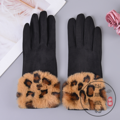 Autumn and Winter Touchable Screen Gloves Japanese and Korean Students Plush Simple Leopard Print Gloves Driving and Biking Warm Women's Gloves