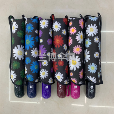 Three Fold Automatic Thermal Transfer Printing Full Printing Little Daisy Flower Sunny Umbrella Lady Umbrella Folding Umbrella