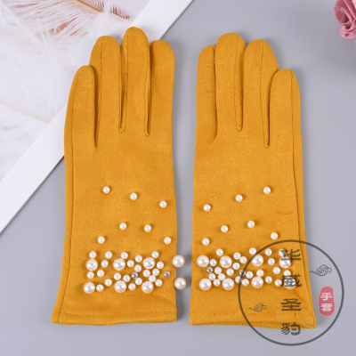 Gloves Autumn and Winter Female Warm Velvet Padded Thickened Driving and Biking Wind-Proof and Cold Protection Students with Touch Screen Korean Pearl Gloves