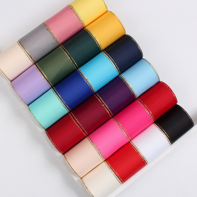 Factory Direct Sales Korean Ribbon Golden Edge Ribbed Band Ornament Packaging Material Customizable Ribbon