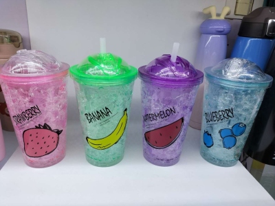 Factory Direct Sales Cup Ice Cup Plastic Cup Cup with Straw Advertising Cup Double-Layer Cup Push Cover Ice Cup