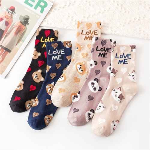 Socks Korean Style Cute Cartoon Women‘s Socks Cotton Letter Love Me Love Animal Mid-Calf Socks Tide Socks