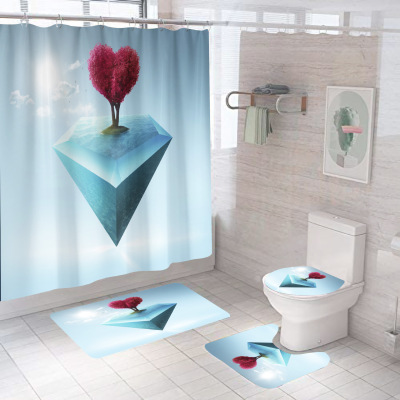 Amazon Cross-Border Direct Sales Digital Printing Diamond Valentine's Day Series Waterproof Shower Curtain Four-Piece Set Can Be Graphic Customization