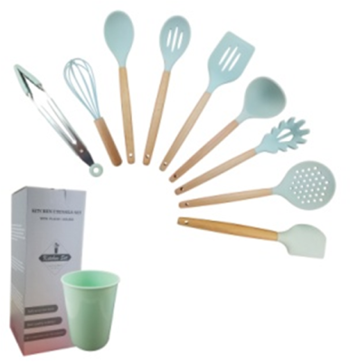 Non-Stick Spatula Clip Spoon Shovel High Temperature Resistant Silicone Wooden Handle Kitchenware Set Full Set Household 10-Piece Set