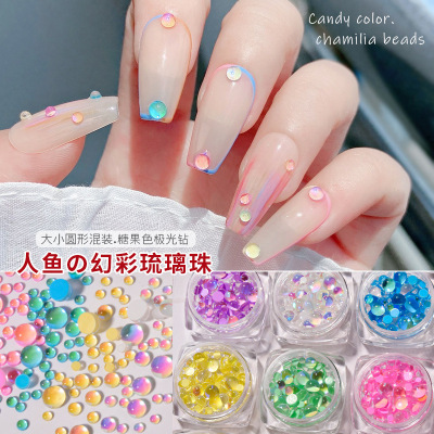 Nail Ornament Candy Color Mermaid Magic Color round Glass Crystal Beads Assortment Pack Macaron Nail Decorative Diamond