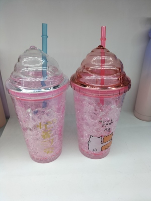 Factory Direct Sales Cup Plastic Cup Cup with Straw Advertising Cup Double-Layer Cup